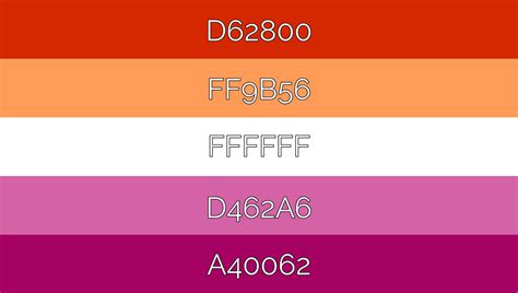 Aug 5, 2020 This flag was created in the style of the Rainbow Pride Flag and the Lesbian Pride Flag, but with darker, more masculine colors as an alternative to the lighter feminine colors of the original. . Lesbian flag color codes